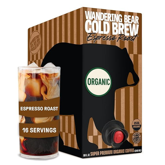 Wandering Bear Espresso Roast Organic Cold Brew Coffee On Tap, Iced Coffee Drink - Extra Strong, Smooth, No Sugar Added, Shelf-Stable, Ready to Drink, 100% Organic - 16 Servings of 6fl.oz - 96fl.oz