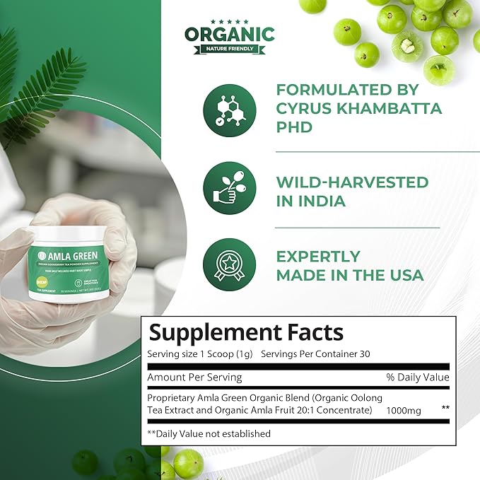 Amla Powder & Decaf Green Tea Superfood Supplement, 20x Ultra Concentrated Amla, Oolong Tea and Indian Gooseberries, Organic, Vegan, 90 Servings