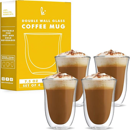Kitchables Double Walled Glass Coffee Mugs Set of 4, 7.5oz - Insulated Clear Coffee Mug for Cappuccino, Latte, Tea, Espresso - Latte cup - Tazas Para Cafe