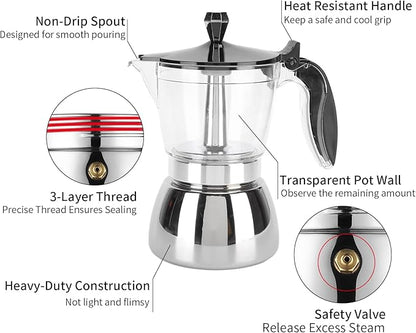 JUSTHERE 6 Cups Stainless Steel Coffee Pot Coffee Maker, Moka Pot Espresso Maker Premium Heat-Resistant Acrylic Top Stainless Steel Moka Pot, Stovetop Espresso Maker for Home