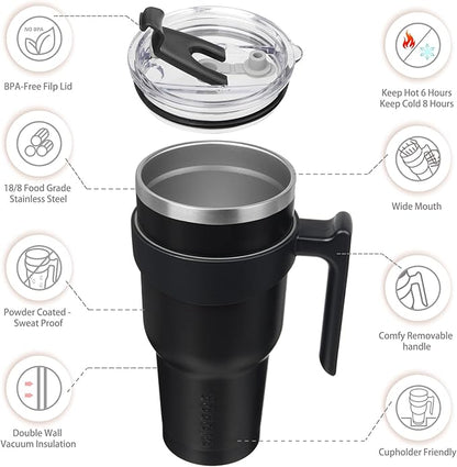 BJPKPK 40 oz Tumbler With Handle And Straw Stainless Steel Travel Mug Insulated Tumbler Cups With Lids,Black