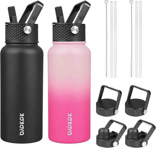 BJPKPK 2 Pack Insulated Water Bottles with Straw Lids, 32oz Stainless Steel Metal Water Bottle with 6 Lids, Leak Proof BPA Free Jugs, Cups, Flasks for Travel, Sports (Cherry+Black)