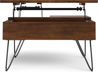 SIMPLIHOME Hunter Lift Top Coffee Table - 32 inch Wide Solid Walnut Veneer and Metal Industrial Square Cocktail Table, Living Room Table with Dual Lift Tops, Hidden Storage and Hairpin Legs