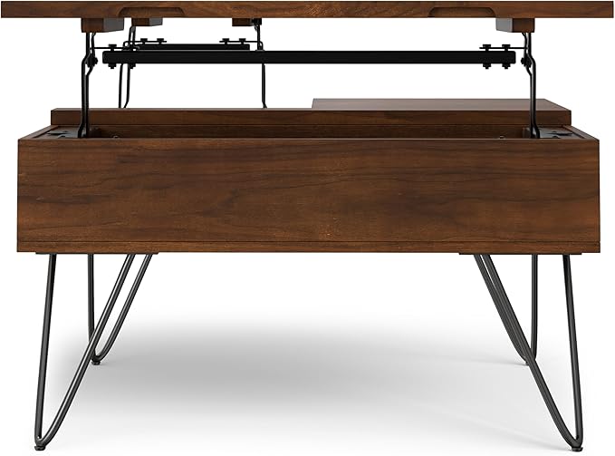 SIMPLIHOME Hunter Lift Top Coffee Table - 32 inch Wide Solid Walnut Veneer and Metal Industrial Square Cocktail Table, Living Room Table with Dual Lift Tops, Hidden Storage and Hairpin Legs