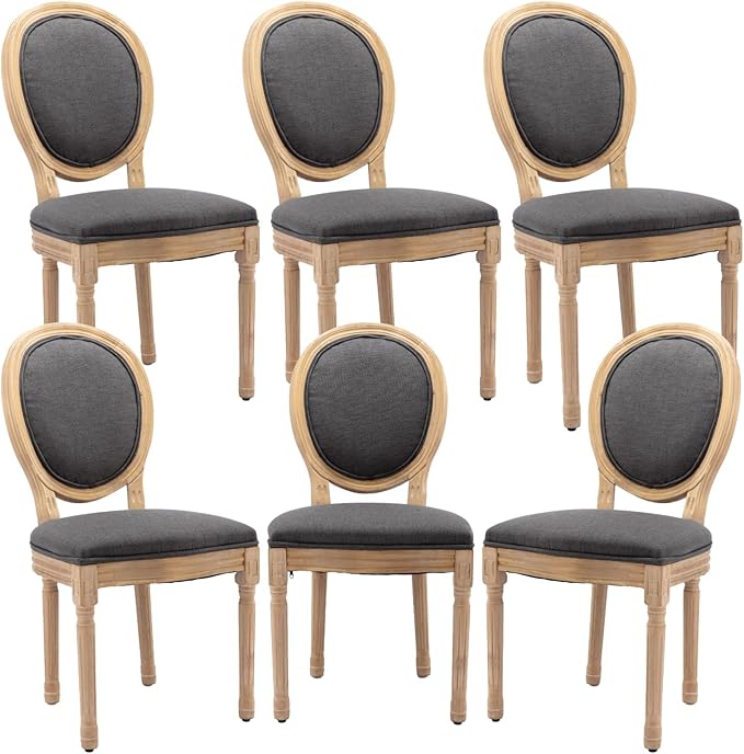 French Country Dining Chairs Set of 6, Vintage Wooden Dining Chairs with Fabric Upholstered Seat&Oval Backrest,Solid Wood Legs&Frame, Farmhouse Kitchen&Living Room Chairs(Dark Gray,6 Pcs)