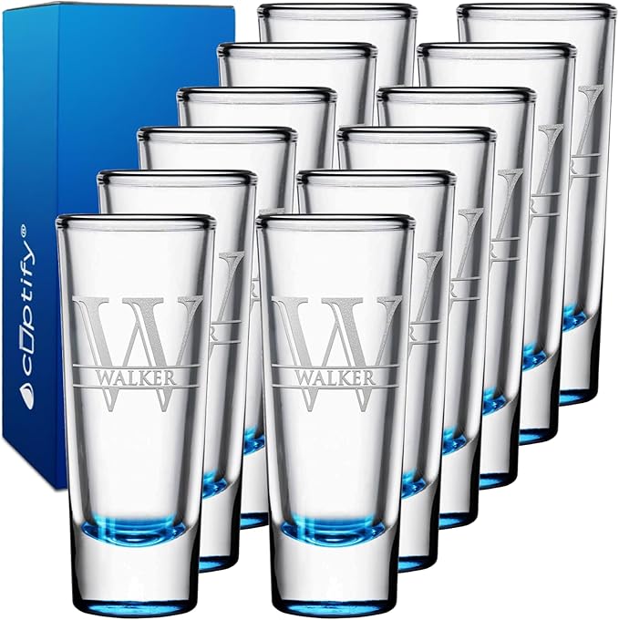 Personalized Shot Glasses Set of 12 Lite Blue Bottom Custom 2 oz Cordial Shot Glass Initial and Name for Gifts, Weddings, Birthdays, Party, Event, Decorations
