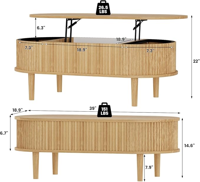 BREEZEHEAT Fluted Lift Top Coffee Table, 39" Oval Coffee Table with Storage, Hidden Compartment & Fully Assembled Centre Table Oval Lift Tabletop for Living Room, Small Space, Home Office, Natural