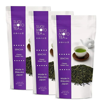 SUGIMOTO TEA Japanese Sencha Green Tea Loose Leaf 3.5 oz (100 g) Pack of 3