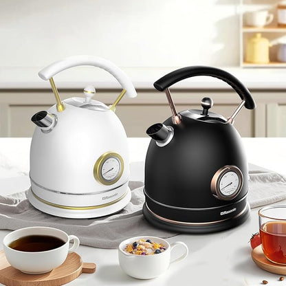 Rasonic Classic Retro Electric Kettle, 1.8L Stainless Steel, 1500W Fast Quiet Boiling, Temperature Gauge, LED Light, Auto Shut-Off, Home & Office Use - Matt Finish Black and Rose Gold