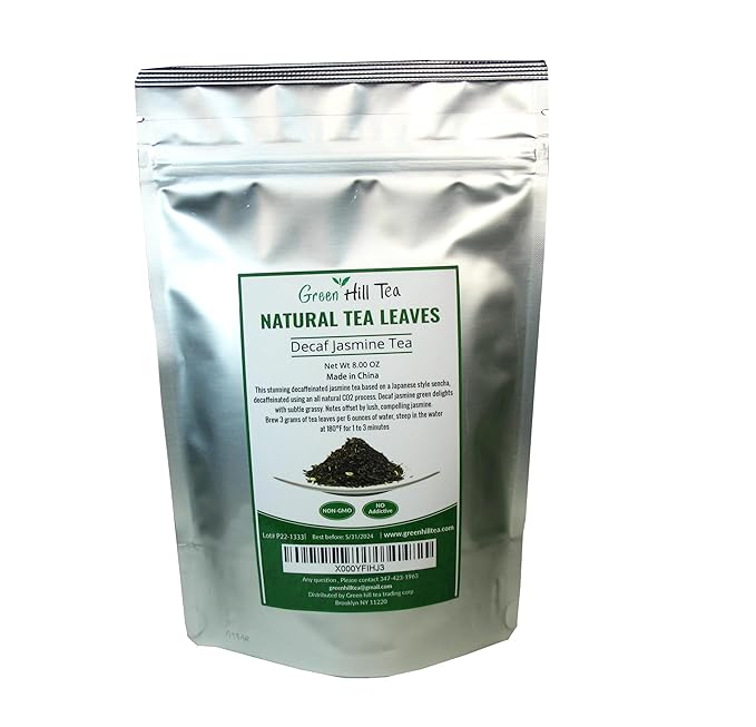 Greenhilltea Decaf Jasmine Green Tea, Green Tea CO2 naturally processed Caffeine-Free Tea - 8 Oz Bag