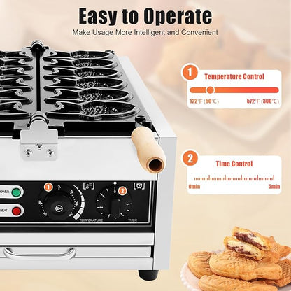 Taiyaki Fish Waffle Maker, 6PCS Electric Fish-Shaped Mold Baker 2400W Stick-Resistent Stainless Steel Commercial Waffle Iron Baker Machine for Restaurant Cafe Snack Shop Food Stall