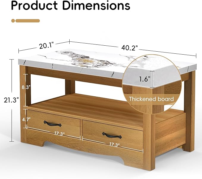 Coffee Table 40" Faux Marble 2-Tier Modern Wooden Rectangle Center Table with Drawers for Living Room, Conference Room, Thickened Top, Small Space Home Furniture (Natural Oak with Storage)