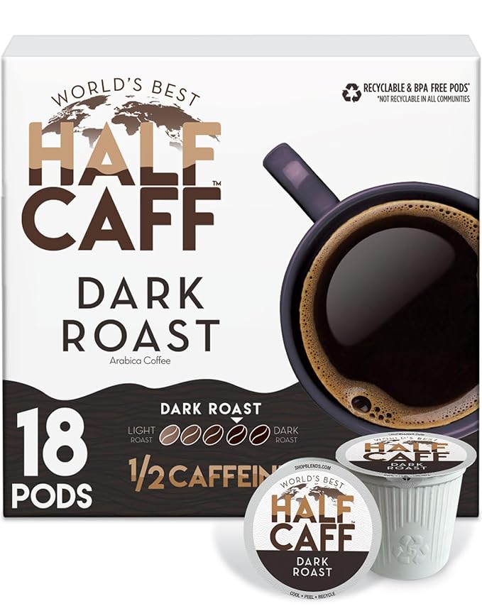 World's Best Half Caff Dark Roast Coffee Pods, 18 ct, Recyclable Single Serve Pods – 100% Arabica Coffee, Compatible with Keurig K Cups Maker