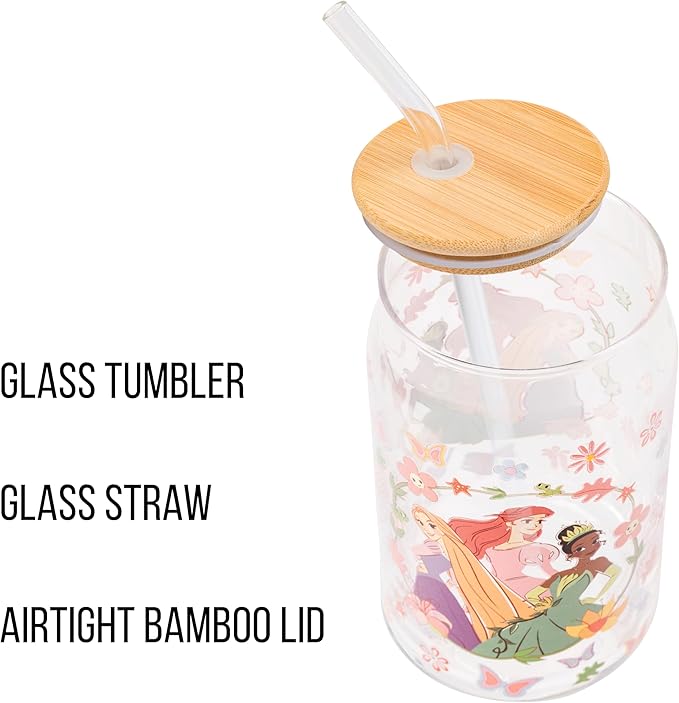 Silver Buffalo Disney Princesses Featuring Rapunzel Tangled, Ariel Little Mermaid, Tiana Princess and the Frog Spring Floral Glass Jar Tumbler with Bamboo Lid and Glass Straw, 16 Ounces