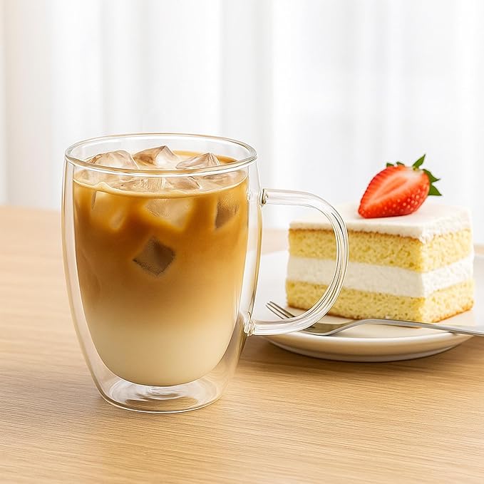 Set of 4 Double Walled Glass Coffee Mugs with Handles, 12oz Clear Coffee Mugs for Hot/Cold Beverages, Insulated Borosilicate Glass Cups for Cappuccino, Espresso, Latte, Tea, Milk, Microwave Safe