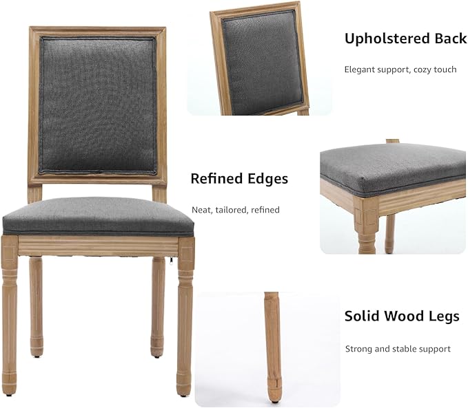 French Country Dining Chairs Set of 2, Grey Square Back Dining Chairs with Linen Upholstered Seat, Solid Wood Legs, Farmhouse Kitchen & Dining Room Chairs, Sillas De Comedor (Gray, 2Pcs)