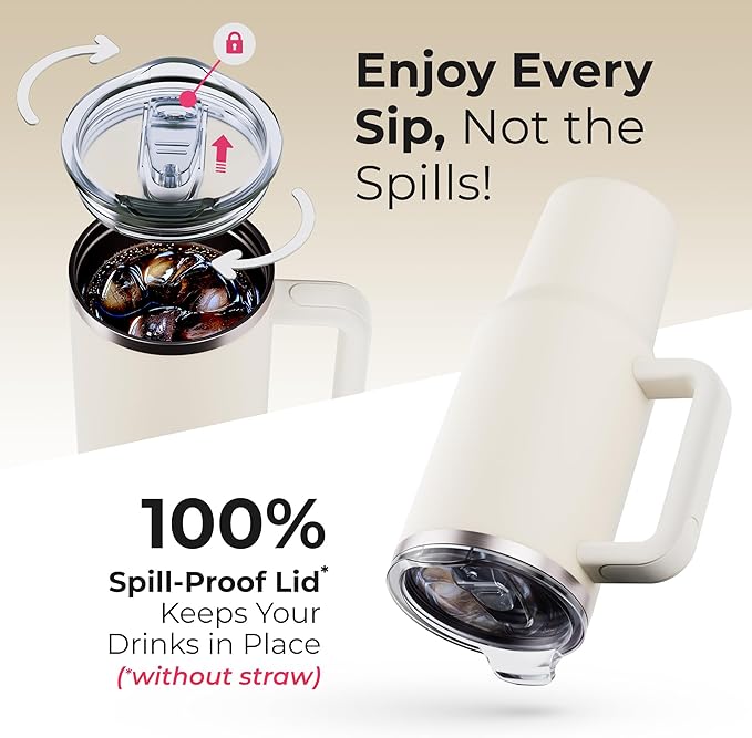 40 oz Tumbler With Handle and Straw Made of Stainless Steel - Double Wall Vacuum Insulated Tumbler With Lid - Sweat Proof Easy Grip, BPA-Free, Dishwasher Safe Tumbler (Cream)