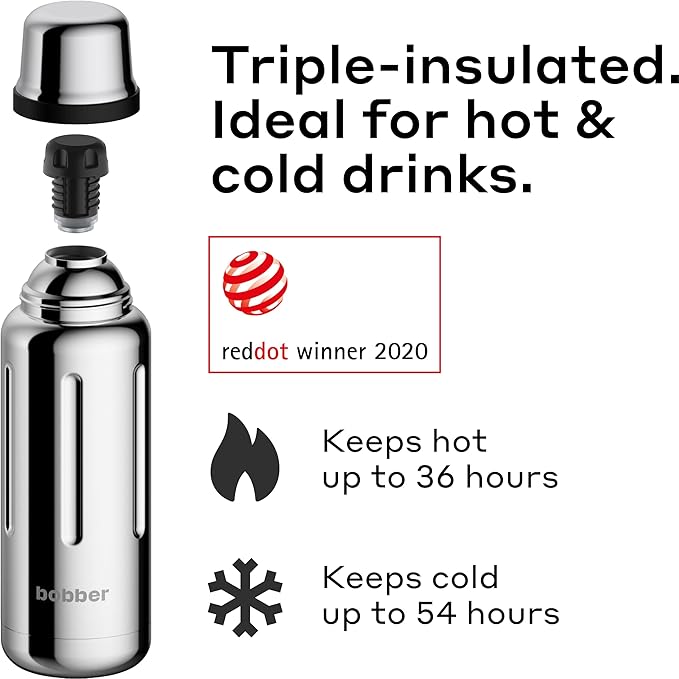 BOBBER 26 oz Stainless Steel Thermos Bottle with Cup Lid – BPA-Free, Dishwasher Safe Vacuum Insulated Metal Water Bottle – Keeps Hot for 36 Hours, Cold for 54 Hours (Glossy)