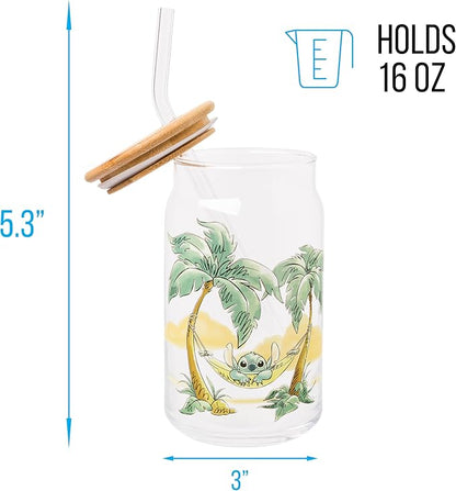 Silver Buffalo Disney Lilo and Stitch Relaxing Chilling in Hammock Island Glass Jar Tumbler with Bamboo Lid and Glass Straw, 16 Ounces