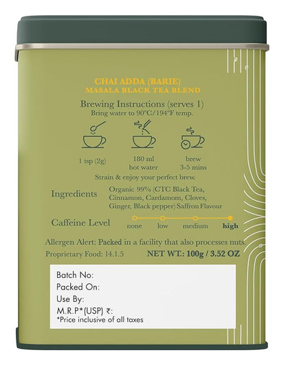 Luxmi Estates Chai Adda-Bari 100gm Tin | Masala Chai | Certified Organic Black Tea