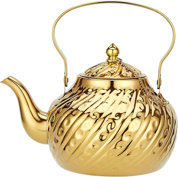 SANQIAHOME 2000ml stainless steel antique style teapot,with Infuser, thickened boiling kettle, lifting handle,Gold