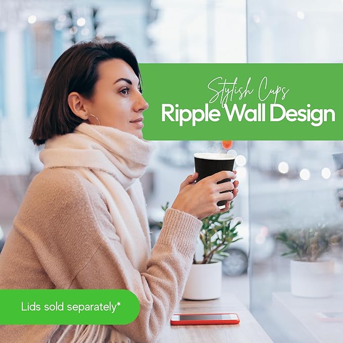 500-CT Disposable Black 12-OZ Hot Beverage Cups with Ripple Wall Design: No Need for Sleeves - Perfect for Cafes - Eco-Friendly Recyclable Paper - Insulated - Wholesale Takeout Coffee Cup