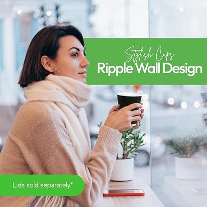 500-CT Disposable Black 12-OZ Hot Beverage Cups with Ripple Wall Design: No Need for Sleeves - Perfect for Cafes - Eco-Friendly Recyclable Paper - Insulated - Wholesale Takeout Coffee Cup