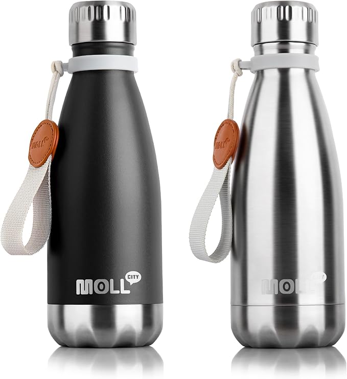 12 oz Water Bottle Stainless Steel Double Wall Vacuum Insulated Sports Water Bottle for Kids, Small Mini Cola Shape Water Flask Leak Proof (Black-Silver)