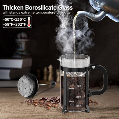 QUQIYSO French Press Coffee Maker 304 Stainless Steel French Press with 4 Filter, Heat Resistant Durable, Easy to Clean, Borosilicate Glass Coffee Press, 100% BPA Free Glass Teapot, 21 ounce, Black