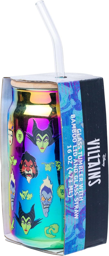Silver Buffalo Disney Villains Featuring Scar, Maleficent, Ursula, Evil Queen, and Hades Chrome Glass Jar Tumbler with Bamboo Lid and Glass Straw, 16 Ounces