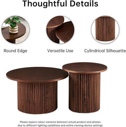 NORDICANA Nesting Round Coffee Table Set of 2, Boho 2 Piece Side Table End Table Set for Living Room Bedroom, Manufactured Wood Top with Walnut Veneer