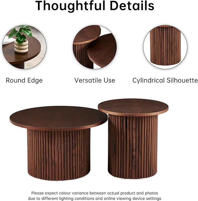 NORDICANA Nesting Round Coffee Table Set of 2, Boho 2 Piece Side Table End Table Set for Living Room Bedroom, Manufactured Wood Top with Walnut Veneer