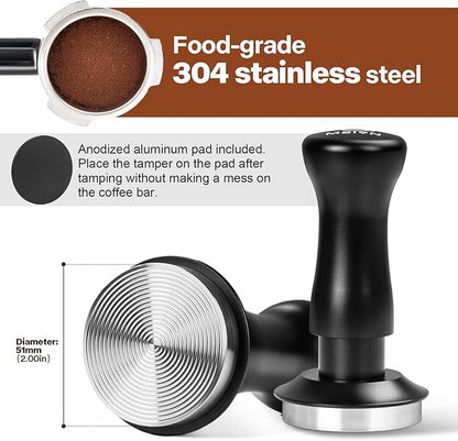 MEION Espresso Tamper 51mm Coffee Tamper, Calibrated Dual Spring Loaded Barista Tamper with Stainless Steel Base, Comes with aluminum storage pad (51MM, Black)