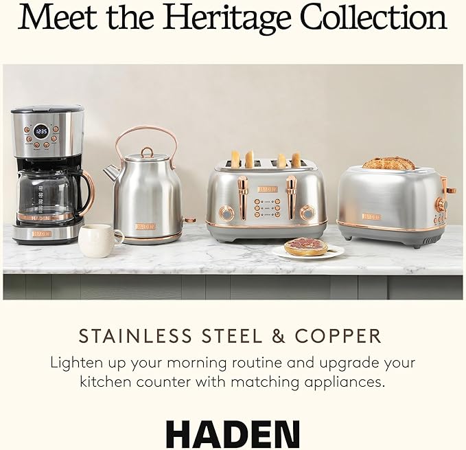 Haden Heritage 1.7 Liter Stainless Steel Electric Kettle, Hot Water Kettle with 360-Degree Base and Auto Shutoff, Steel & Copper