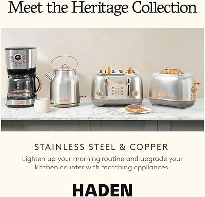 Haden Heritage 1.7 Liter Stainless Steel Electric Kettle, Hot Water Kettle with 360-Degree Base and Auto Shutoff, Steel & Copper