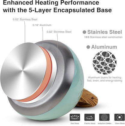 Tea Kettle, Toptier Teapot Whistling Kettle with Wood Pattern Handle Loud Whistle, Food Grade Stainless Steel Tea Pot for Stovetops Induction Diamond Design Water Kettle, 2.7-Quart Light Green