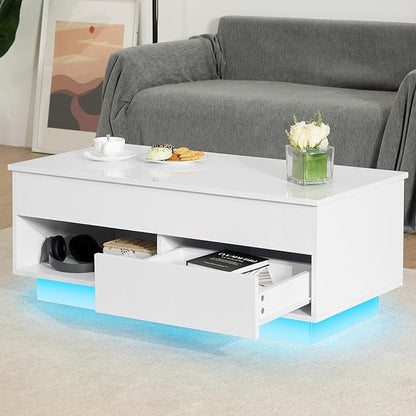 HOMMPA 40“ Lift Top Coffee Table with Storage LED Coffee Table Morden High Gloss Living Room 3 Tiers Modern Tea Table with Storage Center Tables Hidden Compartment & Open Shelve & Drawer White