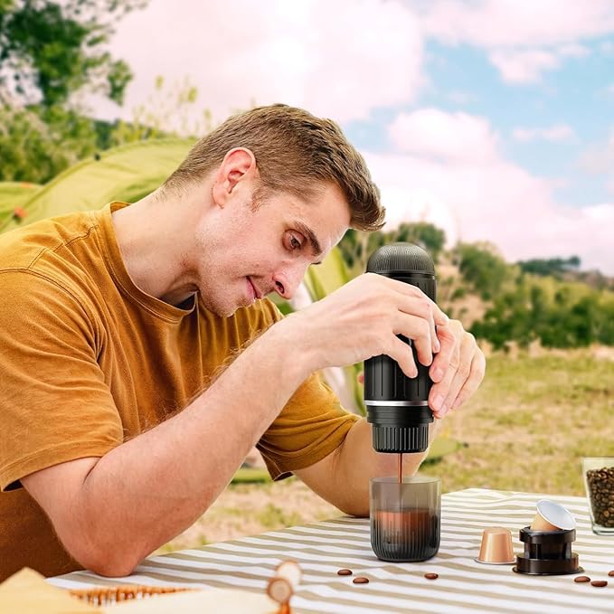 Portable Electric Espresso Machine, Travel Coffee Maker for Camping, Car Self-Heating Coffee Machine with USB-C, Compatible With NS Capsules & Ground Coffee, Portable Coffee Maker for Hiking,RV,Office
