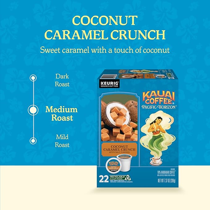 Kauai Coffee K-Cup Pods for Keurig Brewers – Arabica Coffee, 10% Hawaiian – Medium Roast, Nutty Caramel with Tropical Coconut – Coconut Caramel Crunch, 1 Pack of 22 Single Serve K-Cups