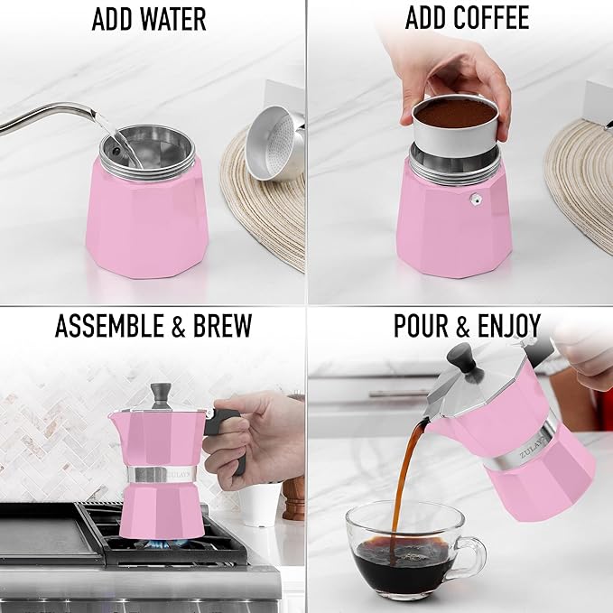 Zulay Moka Pot Espresso Stovetop Coffee Maker - Leak-Proof, Stainless Steel, Easy to Clean, Heat Resistant Handle & Knob - for Authentic Cuban & Italian Style Espresso - Makes 6 Espresso Cups - Pink