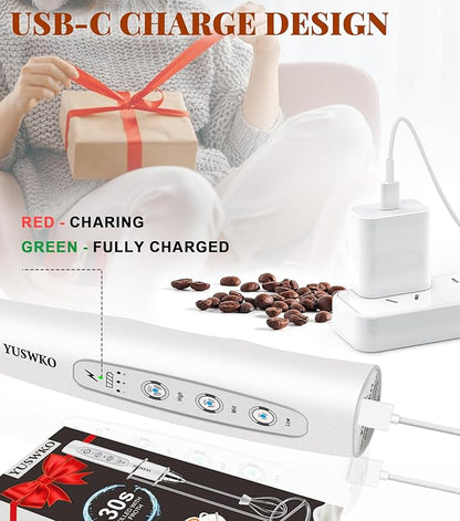 YUSWKO Milk Frother Handheld for Coffee with Stand, Rechargeable Drink Mixer with 3 Heads 3 Speeds Electric Coffee Frother Whisk, Gift for Many Occasions and Festival