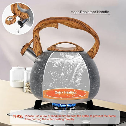 Tea Kettle, Vegoran 100 OZ / 3 Liter Whistling Tea Kettle, Tea Pots for Stove Top Food Grade Stainless Steel with Wood Pattern Folding Handle, Loud Whistle Kettle for Tea, Coffee, Milk (Gray)