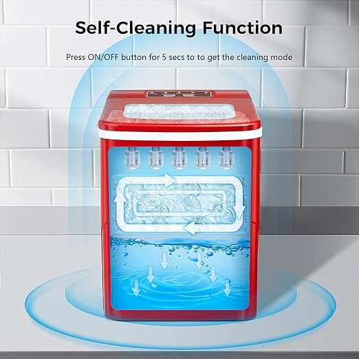 AGLUCKY Ice Makers Countertop with Self-Cleaning, 26lbs/24hrs, 9 Cubes Ready in 6 Mins, Portable Ice Machine with 2 Sizes Bullet Ice/Ice Scoop/Basket for Home/Kitchen/Office/Bar/Party, Red