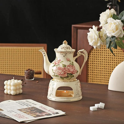 Vintage Ceramic Tea Pot, Heatable with Warmer, Decor for Party, Camping or Wedding, 25 oz/ 2 Cup, White with Pink Roses & Gold Trim