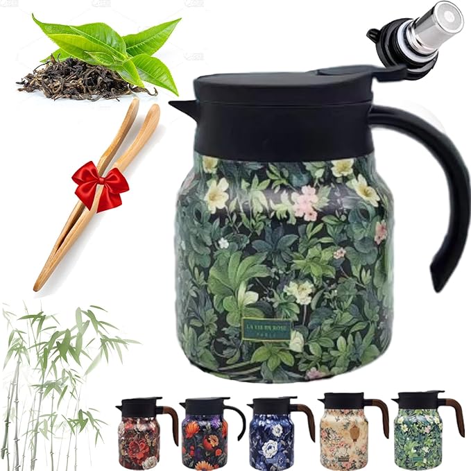 Infinite Tea Pot with Infuser, 316 Stainless Steel Infinite Vintage Floral Pattern Teapot Built-In Infuser, One-Handed Pour, Detachable Infinity Tea Pot Kettle for loose tea (Green plastic, 35Oz)