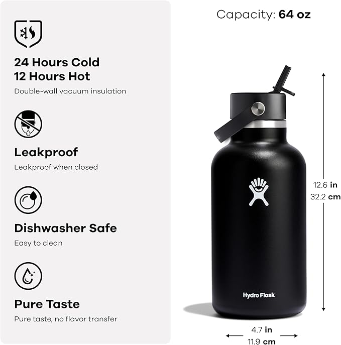 Hydro Flask Water Bottle - Insulated Stainless Steel - Wide Mouth Flex Straw Lid, Non Spill, Leakproof and Refillable in 64 Oz Tonal Agave