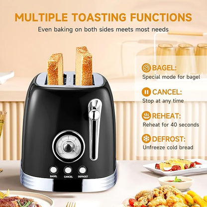 Glossy Black Cute Retro Toaster 2 Slice with 1.58" Wide Slots, Bread toaster with Cover and Warm Rack, Stainless Steel Toaster with Removable Crumb Tray, Preheat, Defrost, Cancel Function