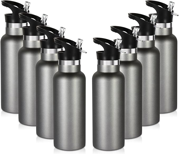 Volhoply 17oz Insulated Water Bottle Bulk 8 Pack,Stainless Steel Kids Water Bottles with Straw Lid,Double Wall Vacuum Metal Water Flask,Reusable Sports School Cups Keep Hot & Cold (Cold Grey,8 Set)