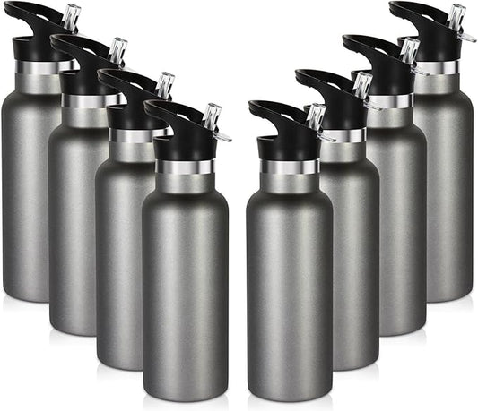 Volhoply 17oz Insulated Water Bottle Bulk 8 Pack,Stainless Steel Kids Water Bottles with Straw Lid,Double Wall Vacuum Metal Water Flask,Reusable Sports School Cups Keep Hot & Cold (Cold Grey,8 Set)