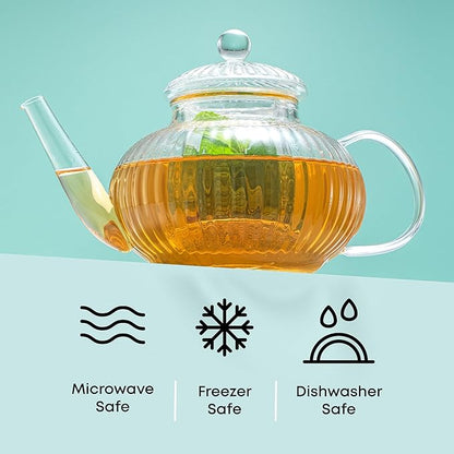 JoyJolt Fluted Glass Teapot Set 34oz, Stovetop Safe Tea Kettle, Borosilicate Clear Kettle with Removable Glass Infuser, Blooming and Loose Leaf Tea Maker and Brewer